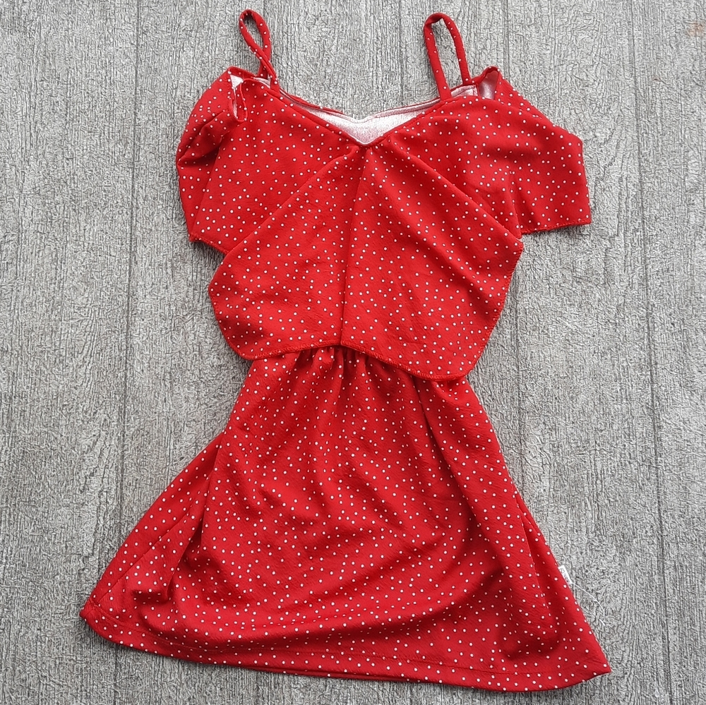 Blue Cotton cold shoulder polkadot flounce dress